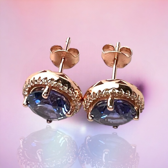 Tanzanite Halo Earrings Handcrafted 18K Rose Gold Vermeil , December Birthstone - Picture 3 of 7